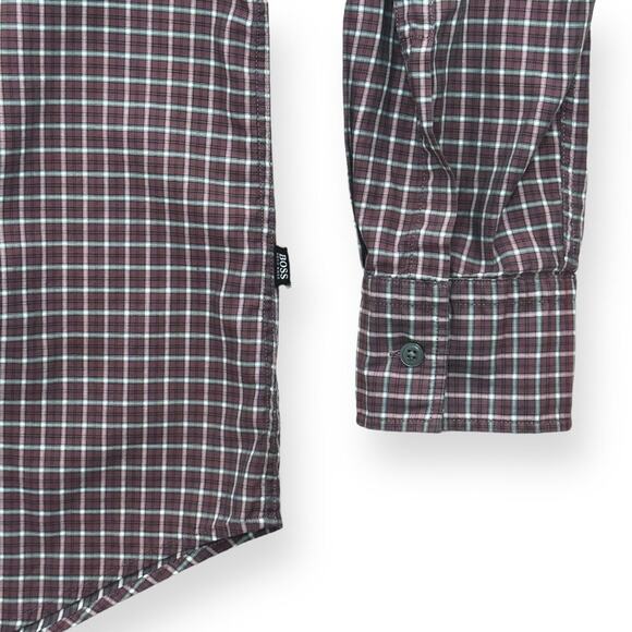 HUGO BOSS Plaid Button Up Shirt Windowpane Pattern Slim Fit Burgundy Red Large - Picture 4 of 9